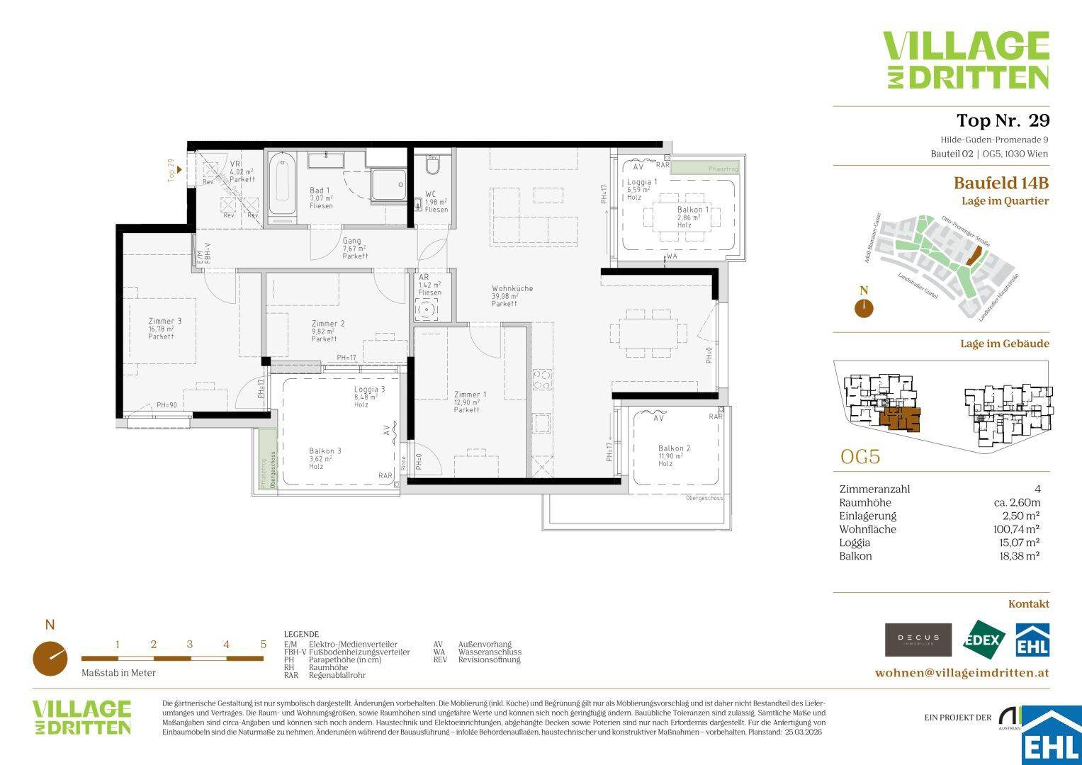 Detaillierter Grundriss einer Wohnung mit drei Zimmern, Loggia und Balkon.