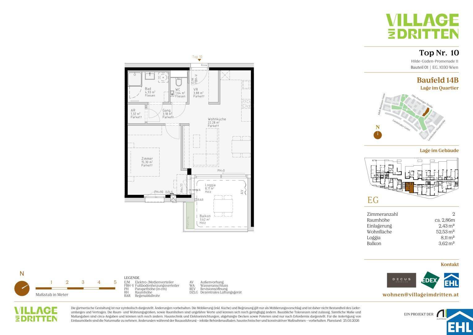 Grundriss einer Wohnung mit offener Wohnküche, separatem Schlafzimmer, Bad, WC, Loggia und Balkon.