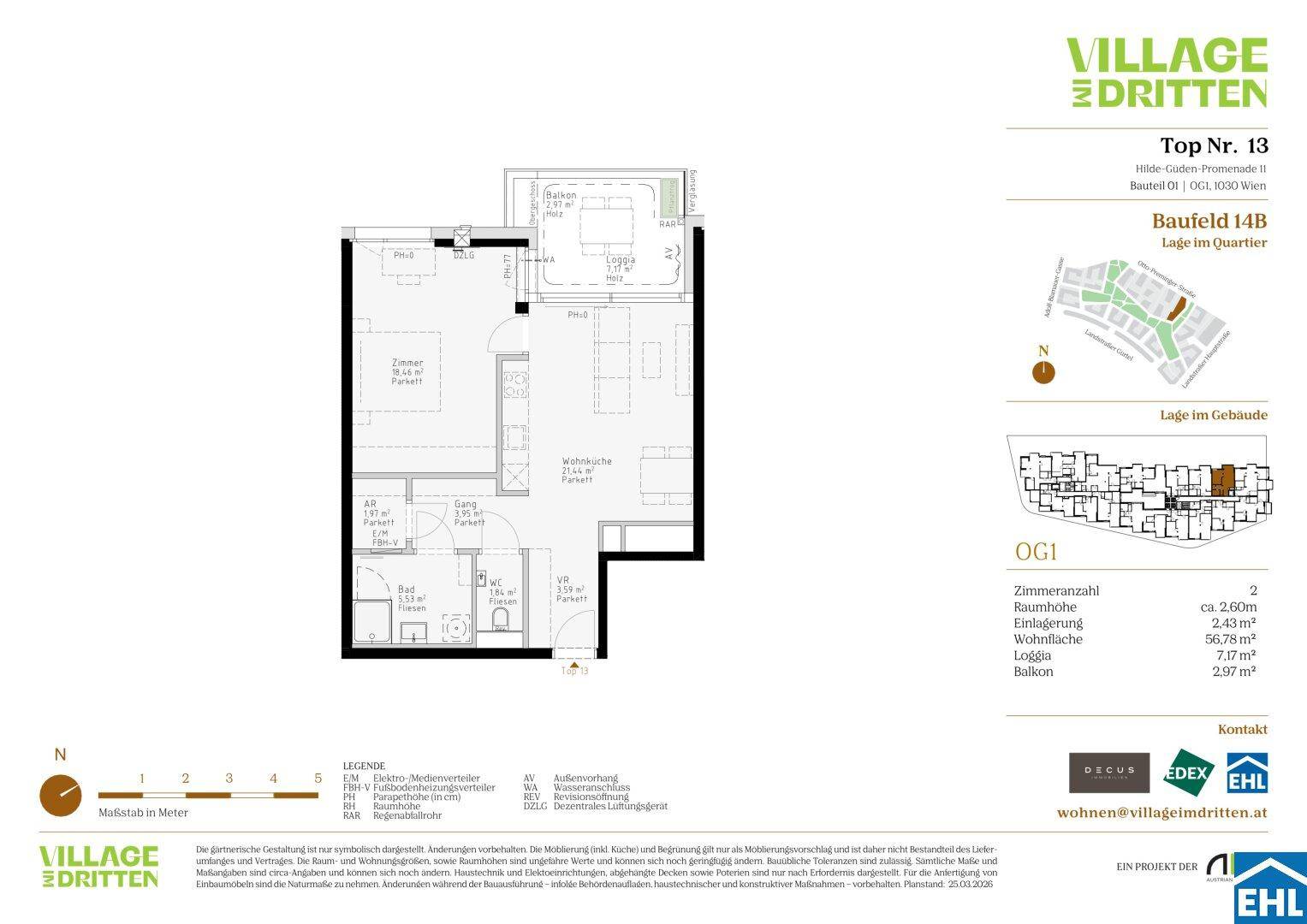 Grundriss einer Wohnung mit offenem Wohn-Essbereich, einem Schlafzimmer, Bad, separatem WC und Zugang zu Loggia und Balkon.