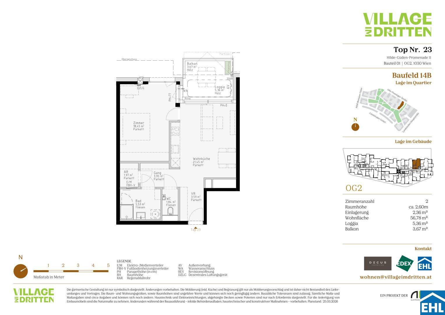 Grundriss einer Wohnung mit offenem Wohnbereich, Schlafzimmer, Bad, separatem WC, Loggia und Balkon.