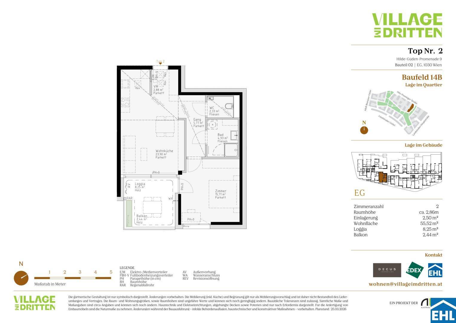 Grundrissplan einer Wohnung im Erdgeschoss mit offener Wohnküche, Schlafzimmer, Bad, separatem WC, Loggia und Balkon.