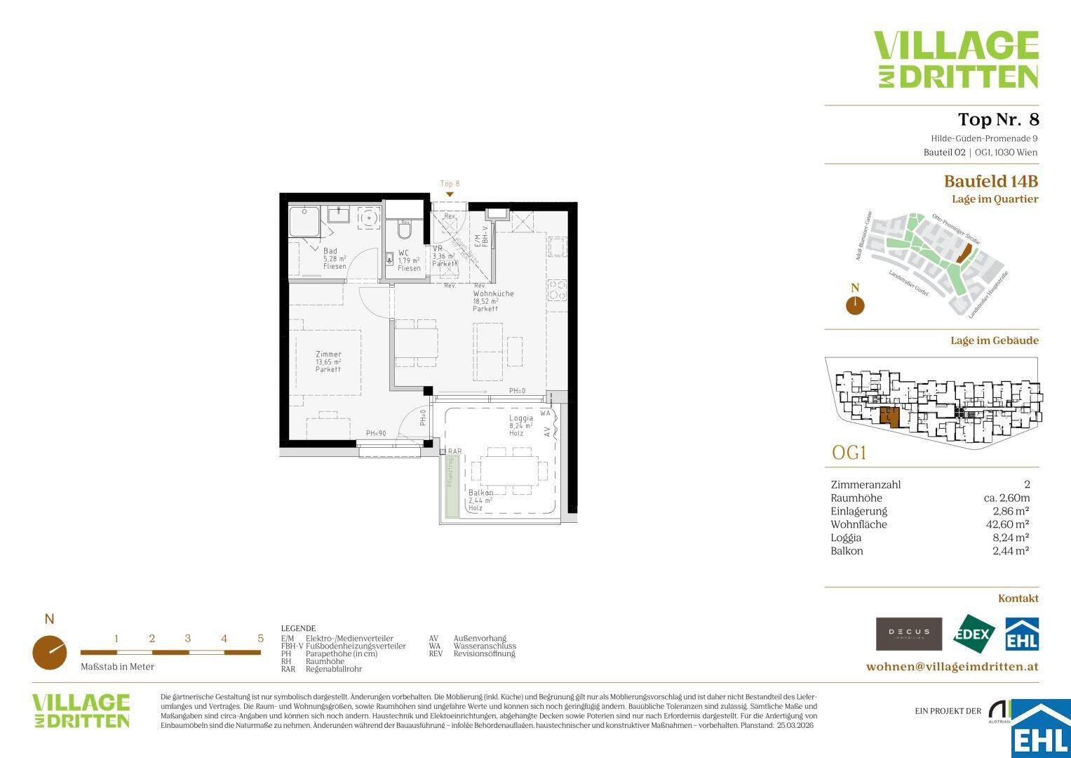 Grundriss einer Wohnung mit zwei Zimmern, Loggia und Balkon.