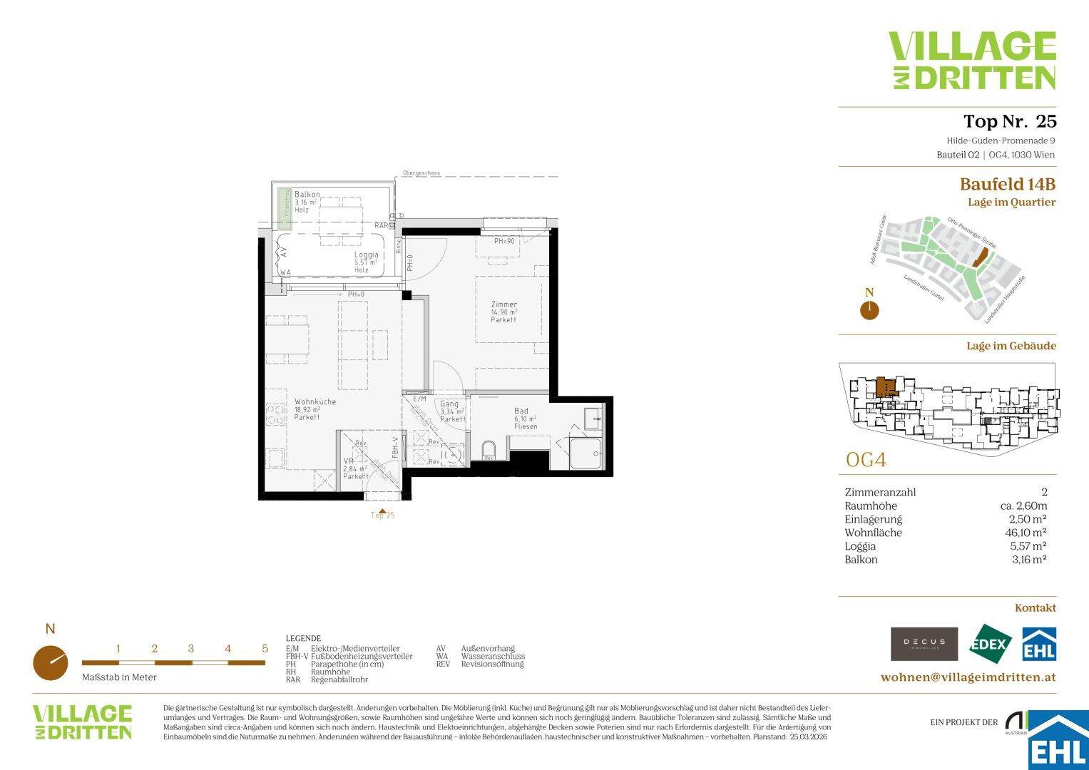 Detaillierter Grundriss einer Wohnung mit offener Wohnküche, einem Schlafzimmer, Bad, separatem WC, Loggia und Balkon.