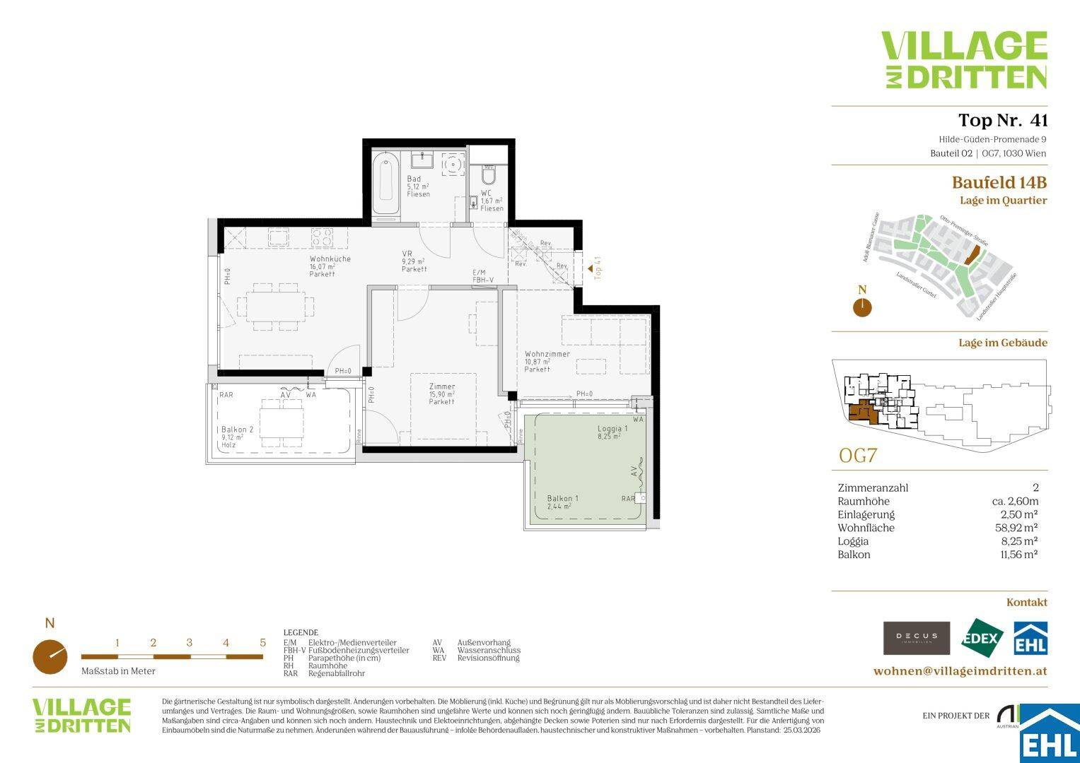 Grundriss einer Wohnung mit offener Wohnküche, Balkon, Loggia und separatem WC.