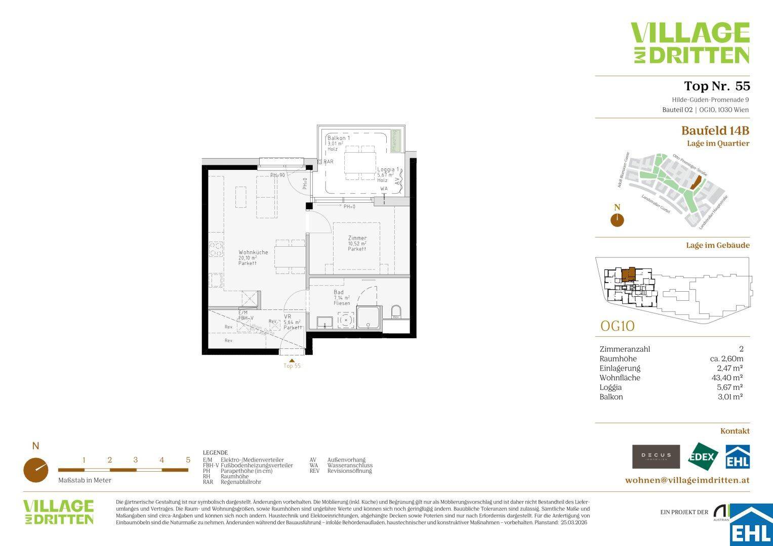 Grundriss einer Wohnung mit offener Wohnküche, Schlafzimmer, Bad, separatem WC, Loggia und Balkon.