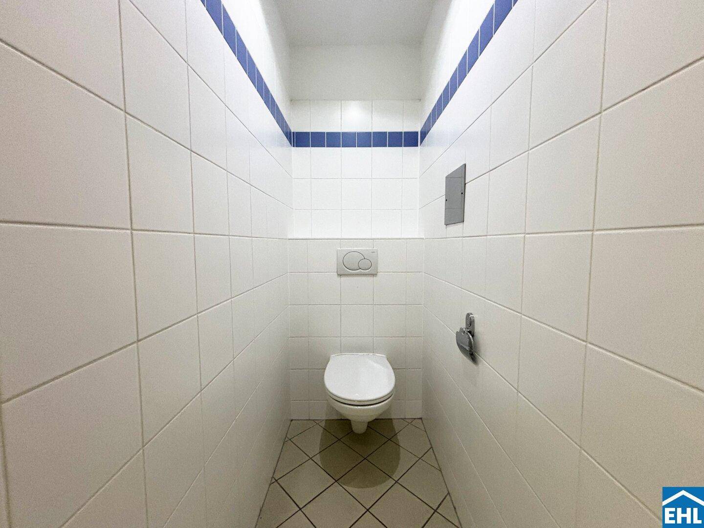 Separate Toilette mit weißen Wandfliesen und blauer Dekorlinie.