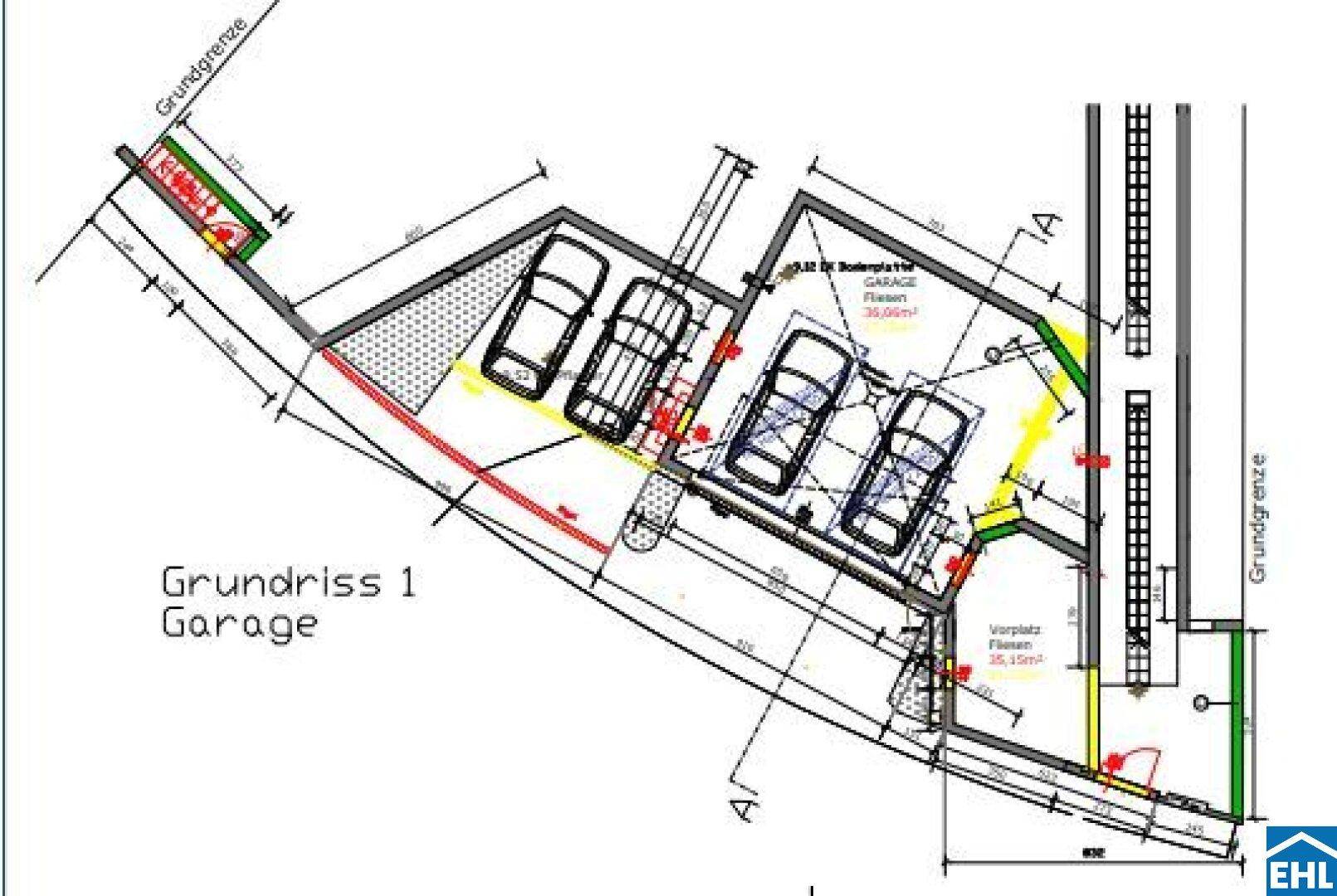 Grundriss der Garage mit mehreren Stellplätzen und Zufahrtsbereich für Fahrzeuge.
