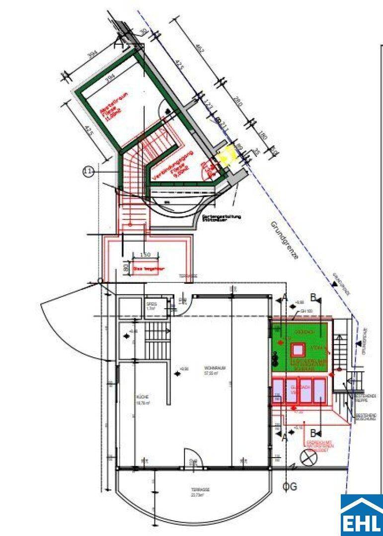Grundriss des Obergeschosses mit Wohnbereich, Küche und einer großen Terrasse.
