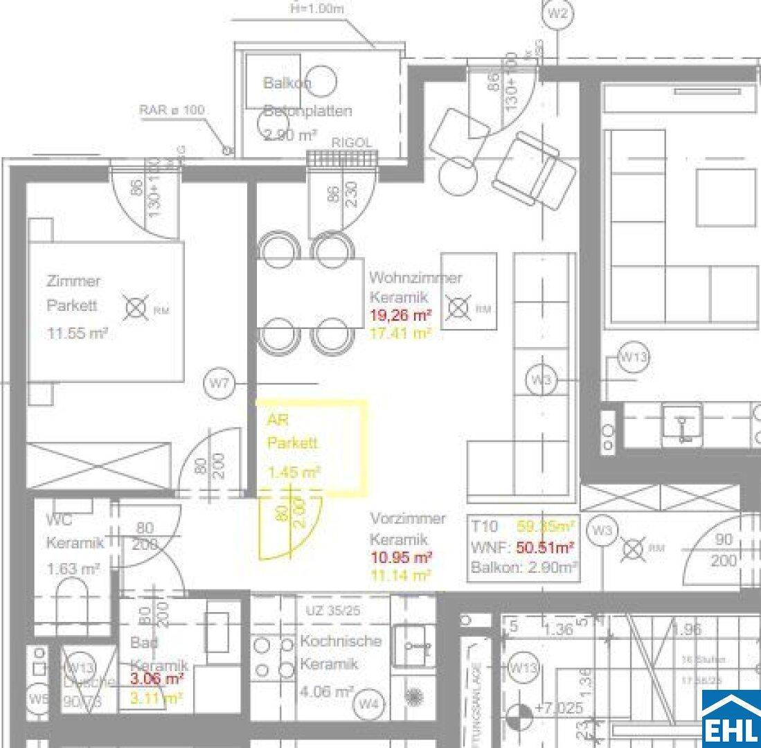 Grundriss einer Wohnung mit Wohnzimmer, Schlafzimmer, Bad, WC und Balkon.