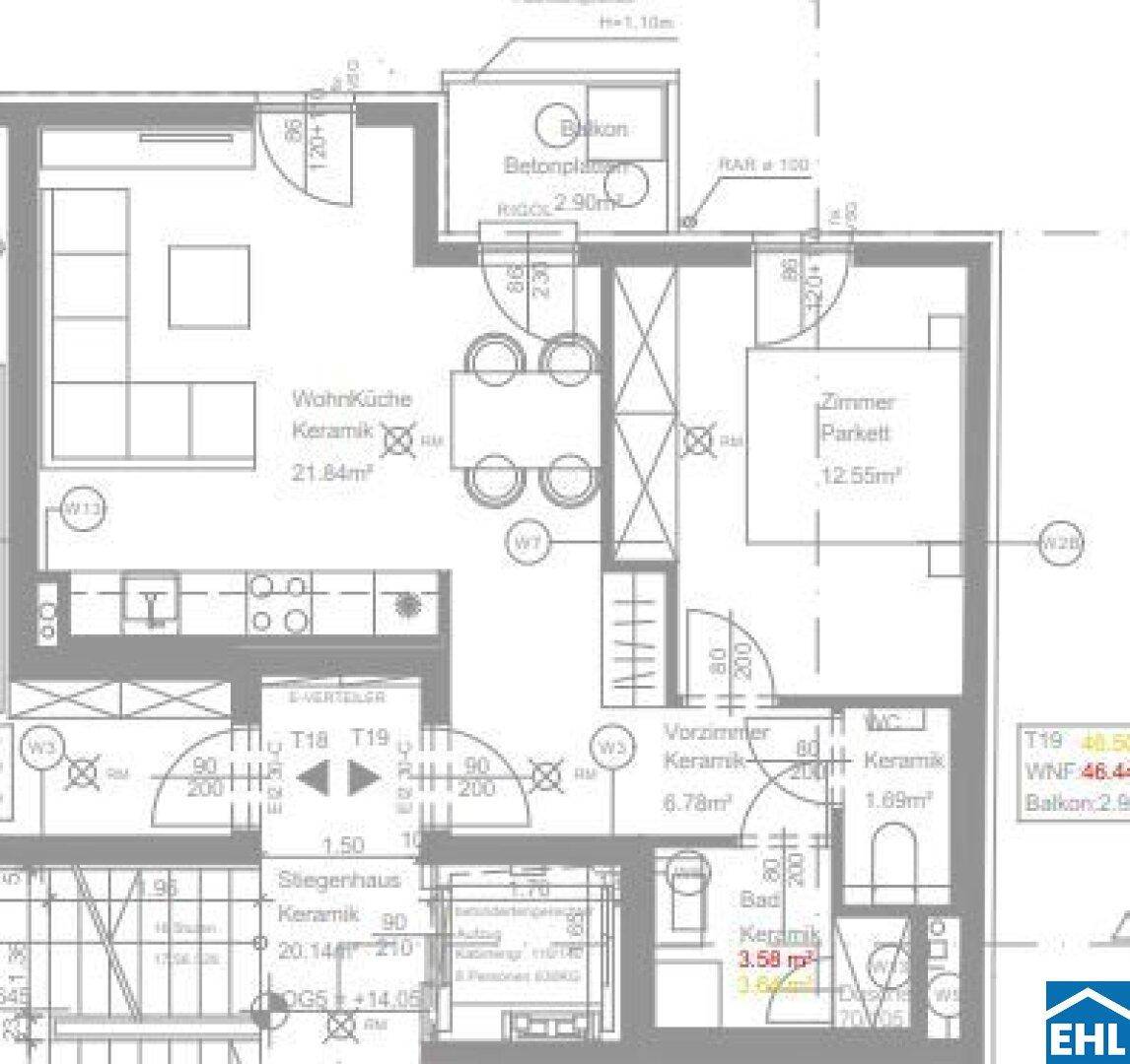 Detaillierter Grundriss einer Wohnung mit Wohnküche, Zimmer und Balkon.