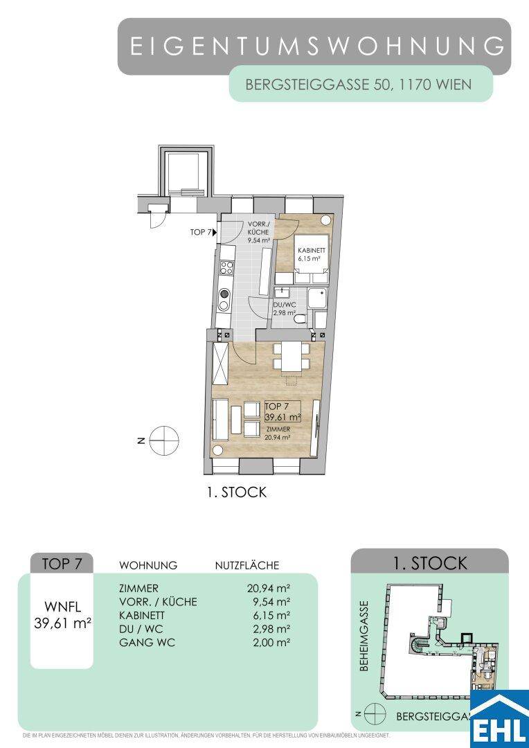 Grundriss der Eigentumswohnung Top 7 mit 39,61 m² Nutzfläche und funktionaler Aufteilung.