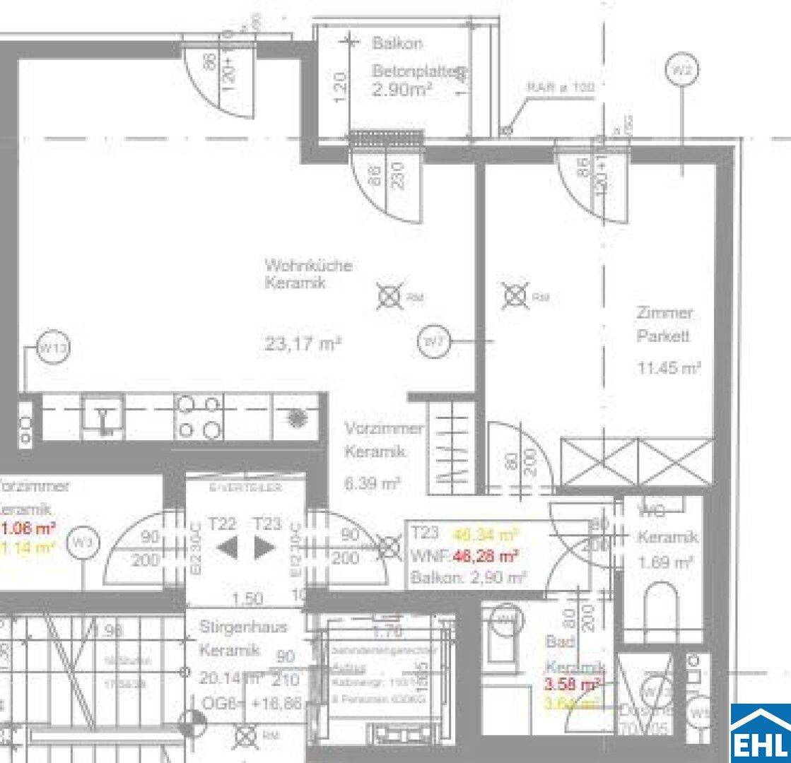 Detaillierter Grundriss einer Wohnung mit offener Wohnküche, Balkon und separaten Zimmern.