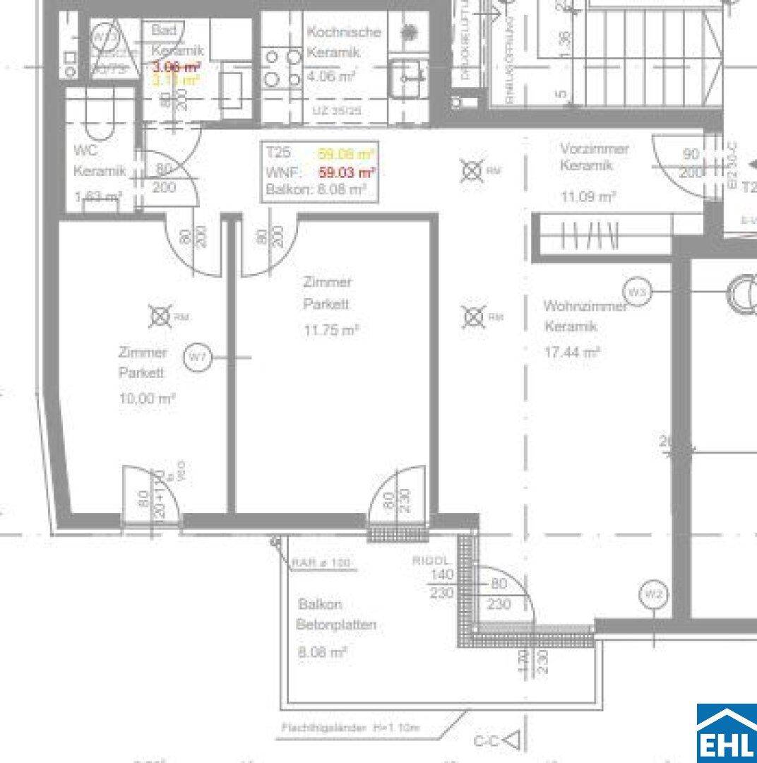 Detaillierter Grundriss einer Wohnung mit mehreren Zimmern, Balkon und Wohnküche.