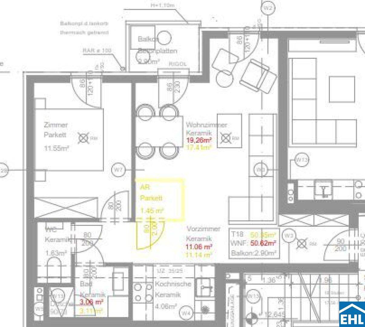 Detaillierter Grundriss einer Wohnung mit Wohnzimmer, Küche, Schlafzimmer und Balkon.