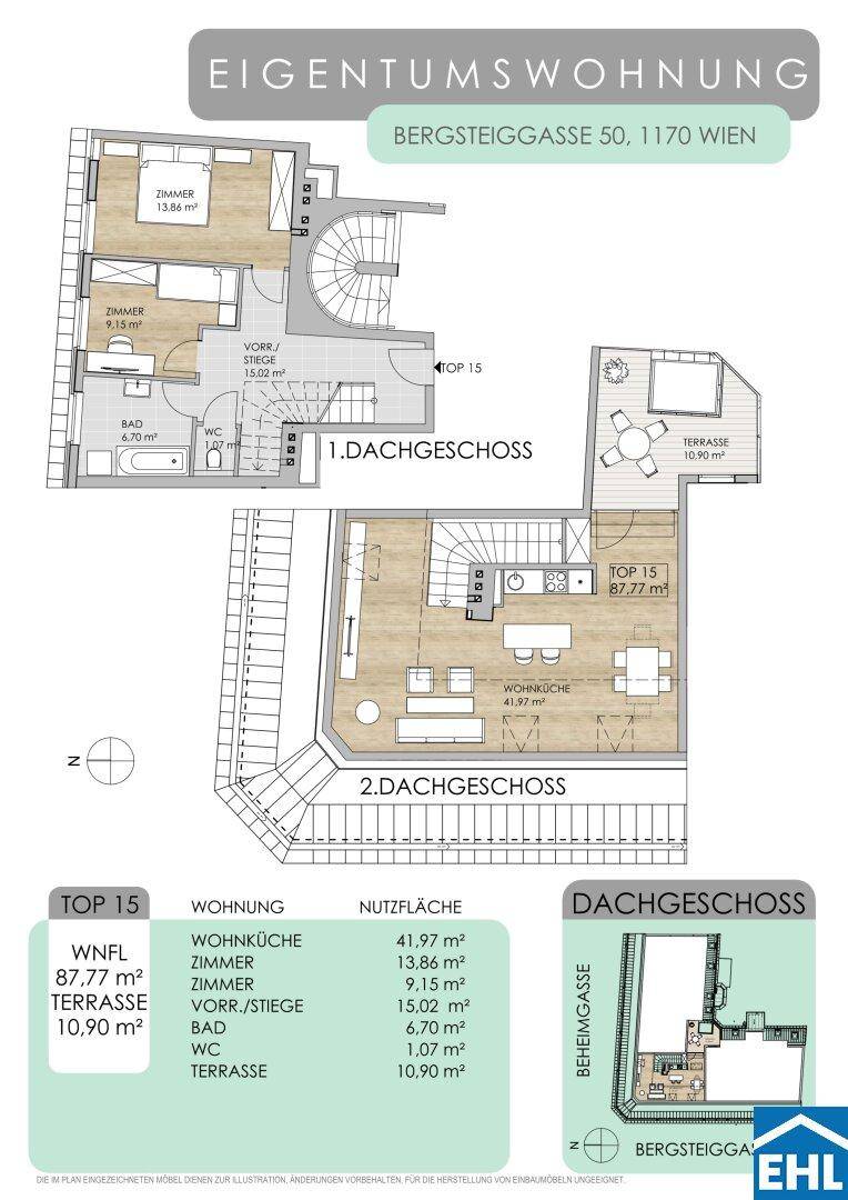 Detaillierter Grundriss einer Dachgeschosswohnung mit zwei Ebenen und Terrasse.