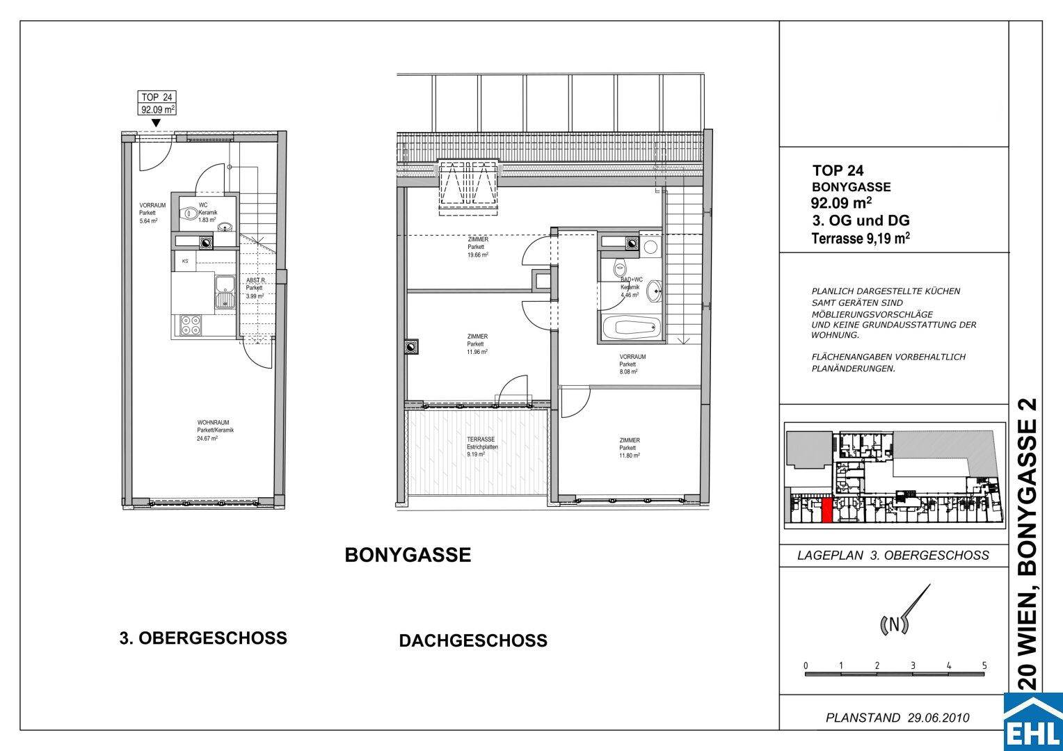 Grundriss der Wohnung Top 24 über zwei Etagen mit Terrasse und Dachgeschoss.
