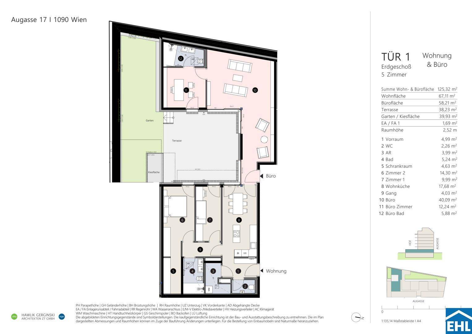 Detaillierter Grundriss einer Erdgeschosswohnung mit separatem Bürobereich, großer Terrasse und Garten.