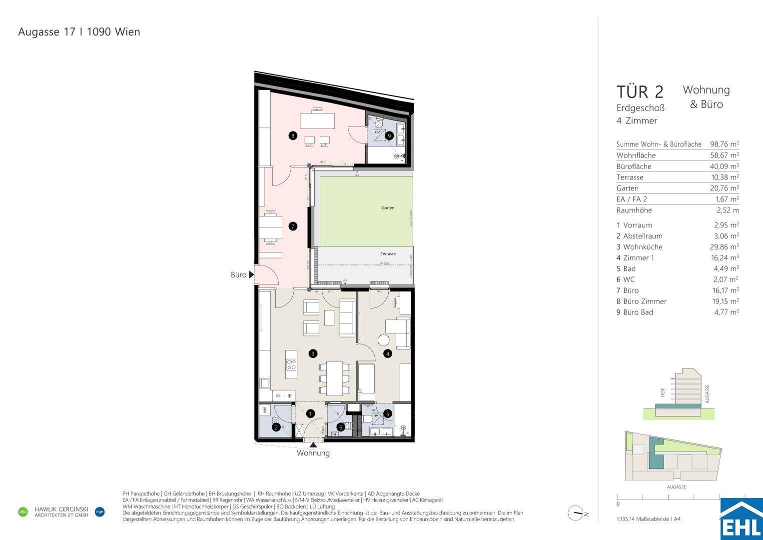 Detaillierter Grundriss einer Erdgeschosswohnung mit offenem Wohnbereich, separatem Büro, Terrasse und Garten.