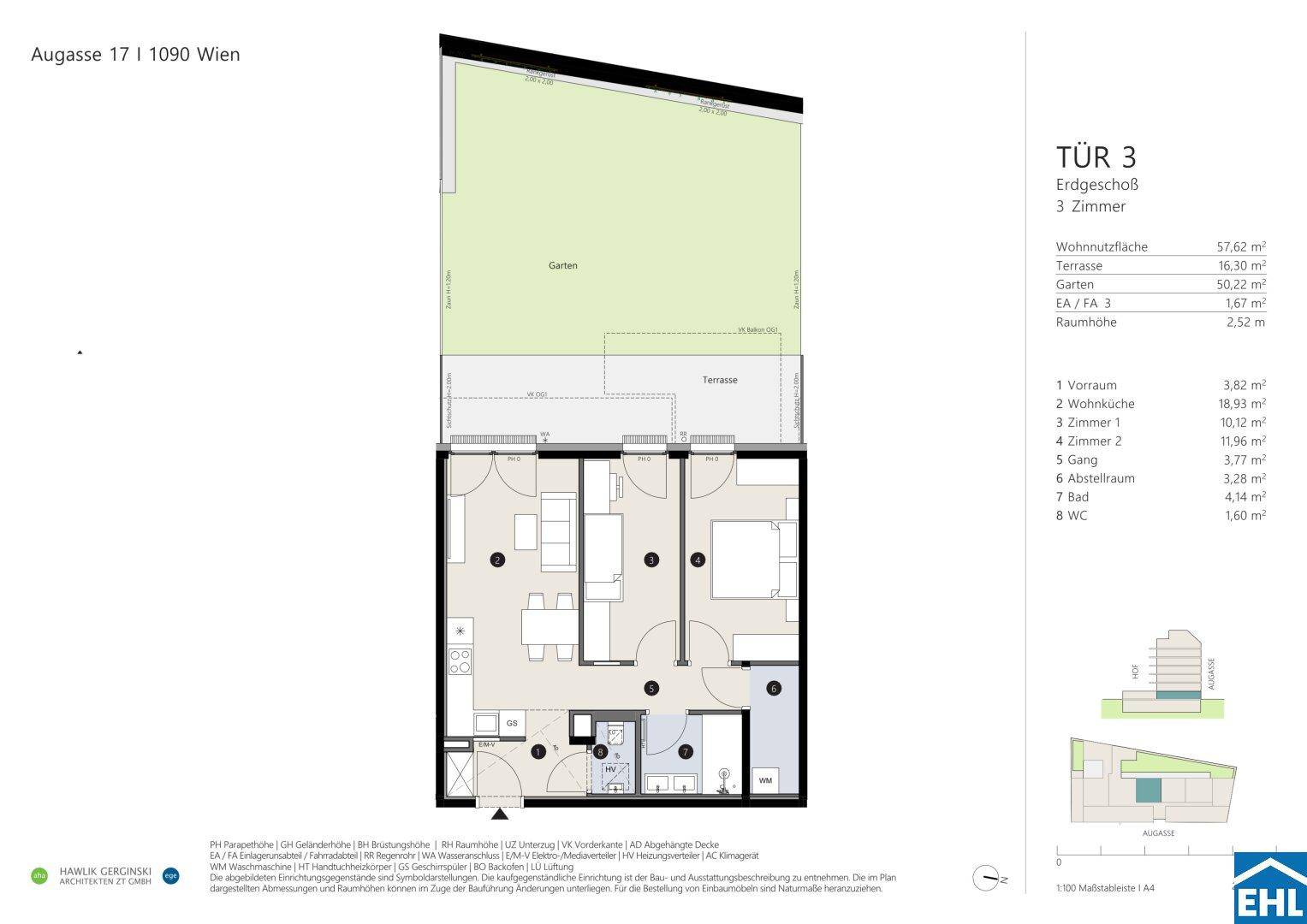 Grundriss einer Erdgeschosswohnung mit offener Wohnküche, Terrasse und privatem Gartenbereich.