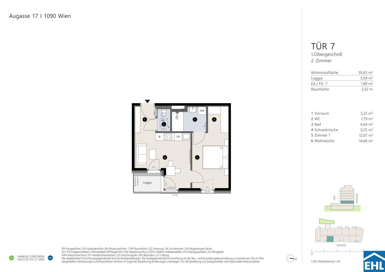 Grundriss einer 2-Zimmer-Wohnung im Obergeschoss mit Loggia und offener Wohnküche.