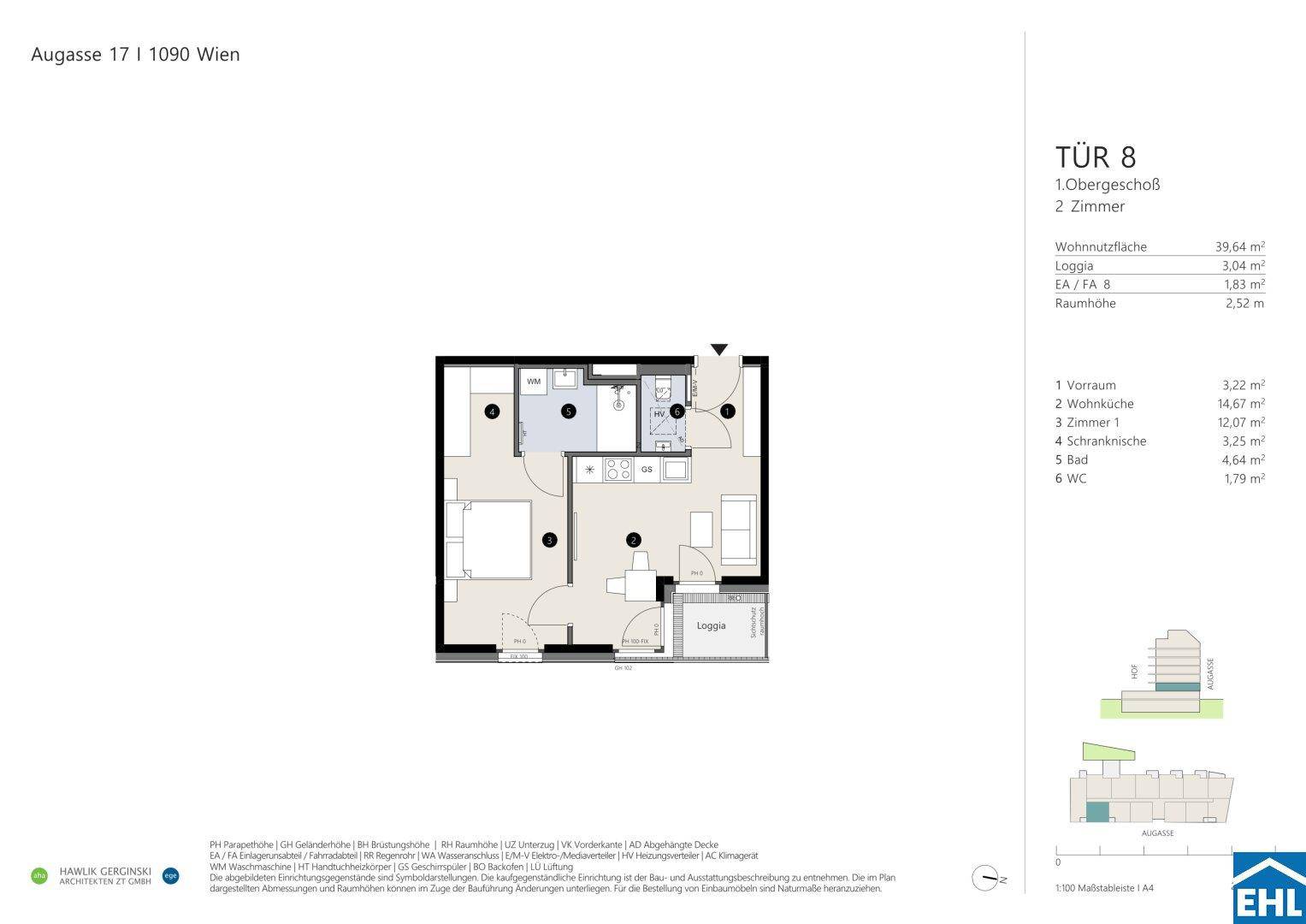 Grundriss einer modernen 2-Zimmer-Wohnung im ersten Obergeschoss mit offener Wohnküche und Loggia.