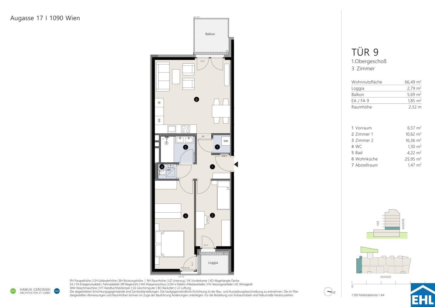 Grundriss einer 3-Zimmer-Wohnung im ersten Obergeschoss mit offenem Wohnbereich, Balkon und Loggia.