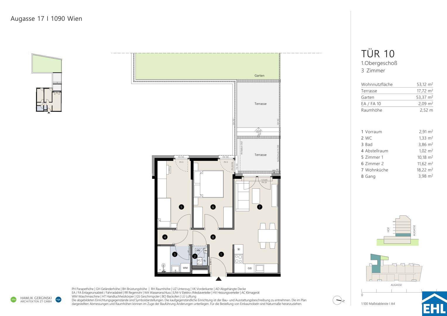 Grundriss einer Wohnung mit drei Zimmern, offener Wohnküche, Bad, separatem WC, Terrasse und Garten.