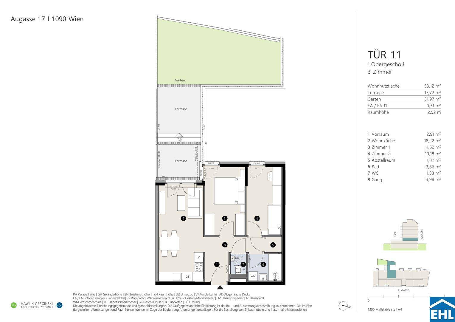 Grundriss einer Wohnung mit offenem Wohn-Essbereich, zwei Schlafzimmern, Bad, separatem WC, Terrasse und Garten.
