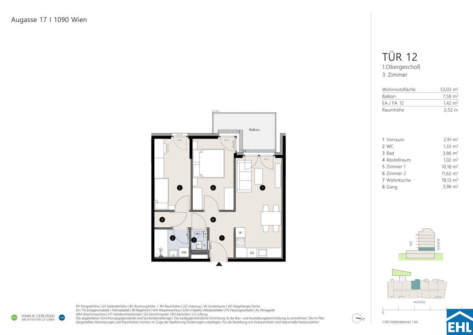 Grundriss einer 3-Zimmer-Wohnung im Obergeschoss mit offenem Wohnbereich, zwei Schlafzimmern und Balkon.