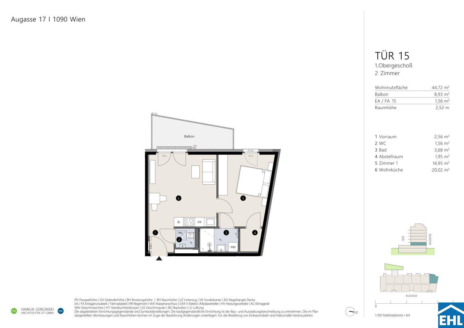 Grundriss einer 2-Zimmer-Wohnung im Obergeschoss mit offener Wohnküche, Balkon, Bad und separatem WC.
