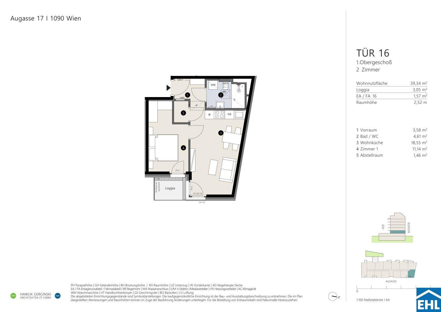 Grundriss einer 2-Zimmer-Wohnung mit offener Wohnküche, einem Schlafzimmer, Bad und Loggia.