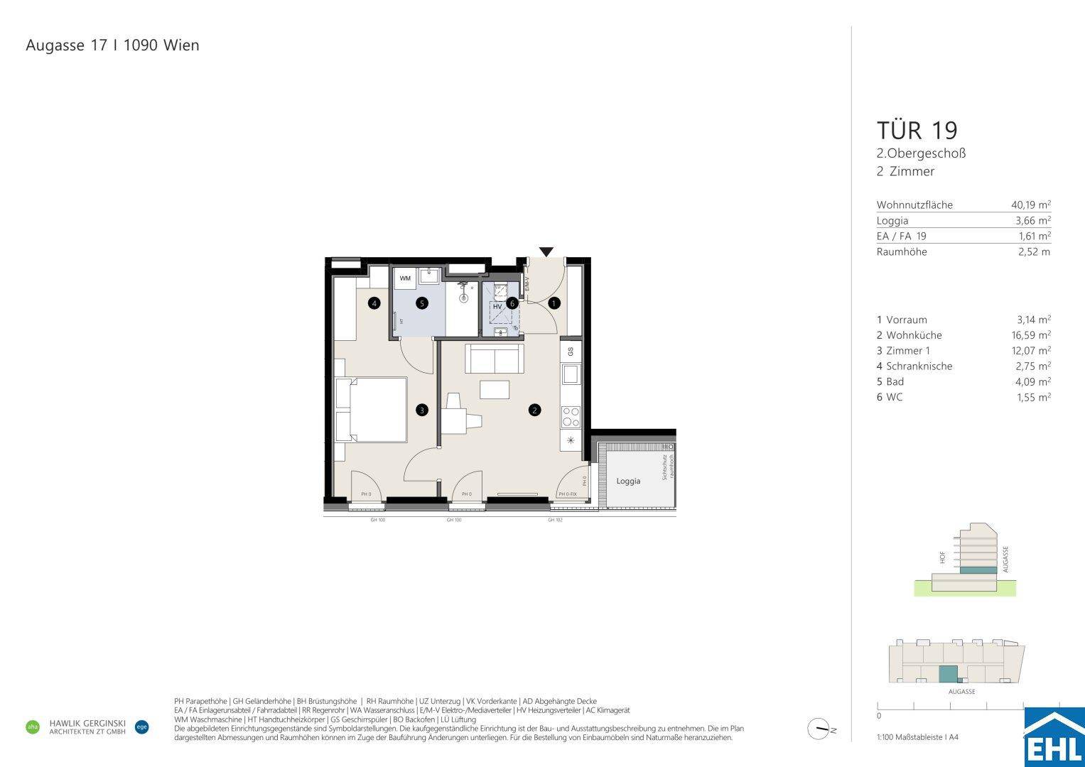 Grundriss einer Wohnung im 2. Obergeschoss mit offener Wohnküche, einem Schlafzimmer, Bad, separatem WC und Loggia.