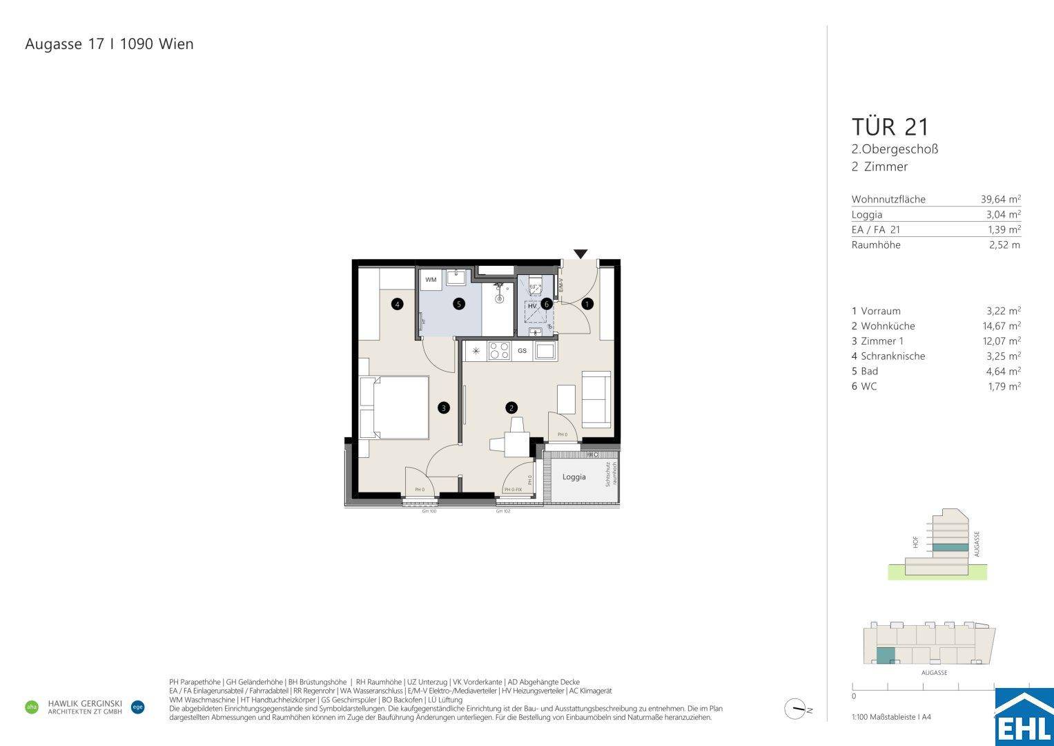 Grundriss einer 2-Zimmer-Wohnung im zweiten Obergeschoss mit offener Wohnküche, Schlafzimmer und Loggia.