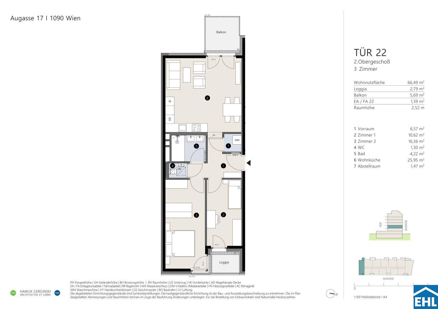 Grundriss einer modernen 3-Zimmer-Wohnung im Obergeschoss mit offener Wohnküche, separatem WC, Loggia und Balkon.