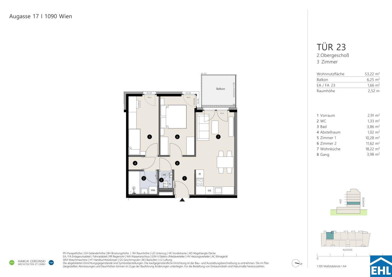 Grundriss einer Wohnung im 2. Obergeschoss mit drei Zimmern, offenem Wohnbereich und Balkon.