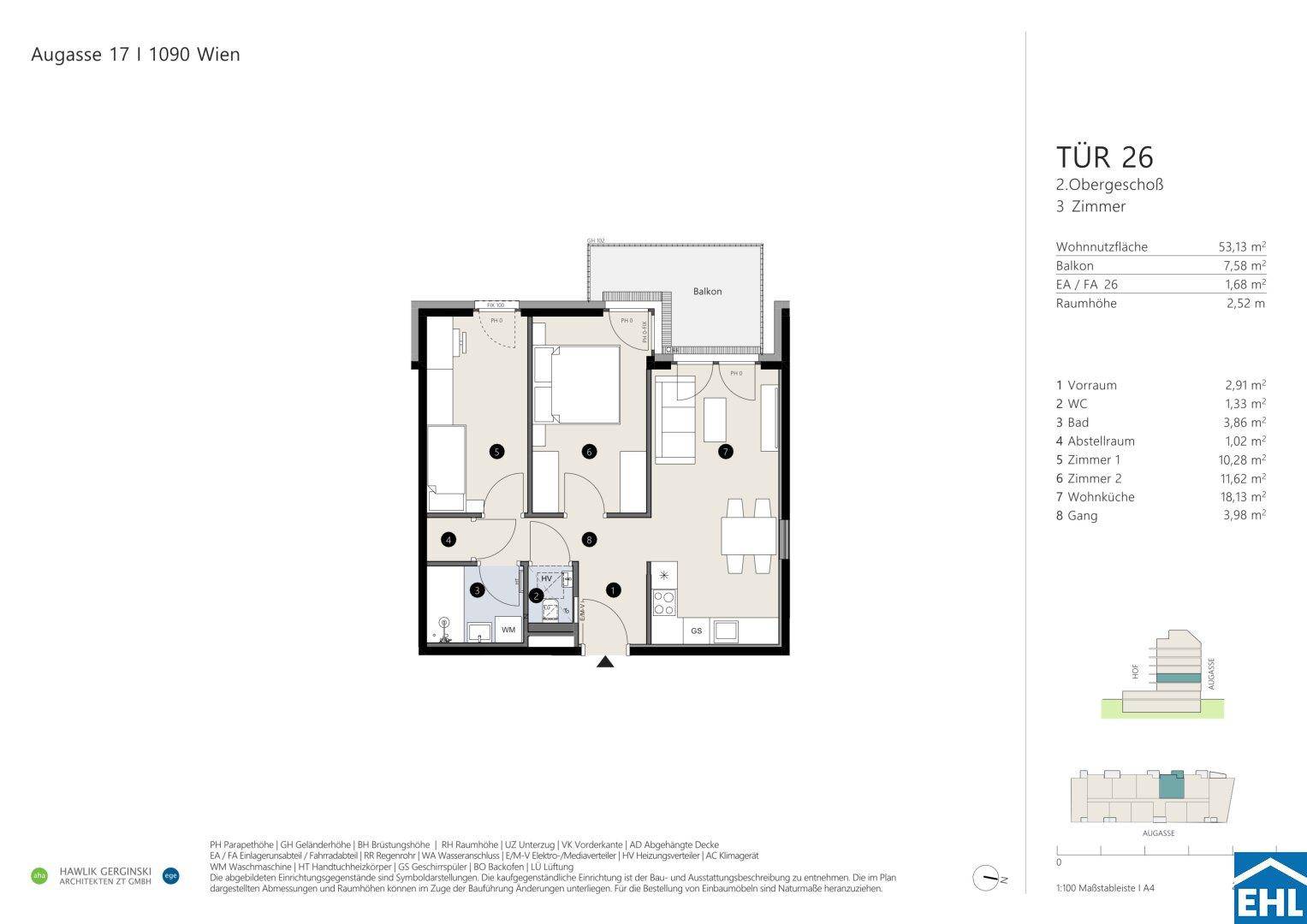 Grundriss einer 3-Zimmer-Wohnung im 2. Obergeschoss mit Wohnküche, zwei Schlafzimmern und Balkon.