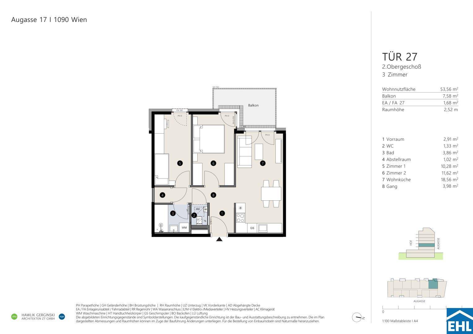 Grundriss einer Wohnung im zweiten Obergeschoss mit zwei Schlafzimmern, offenem Wohn-Essbereich und Balkon.