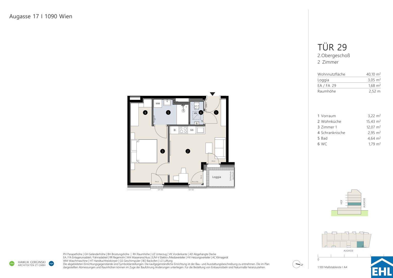 Grundriss einer 2-Zimmer-Wohnung mit offener Wohnküche, Schlafzimmer, Bad, separatem WC und Loggia.