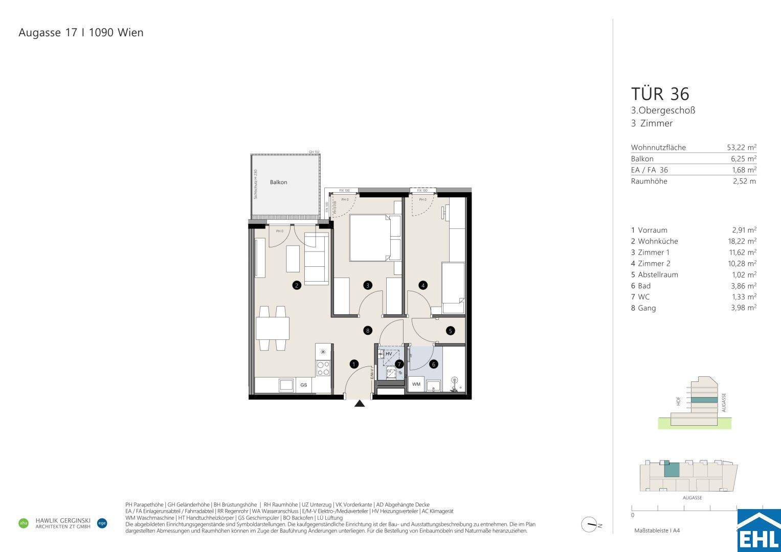 Grundriss einer modernen 3-Zimmer-Wohnung mit offener Wohnküche, Balkon sowie separatem Bad und WC.