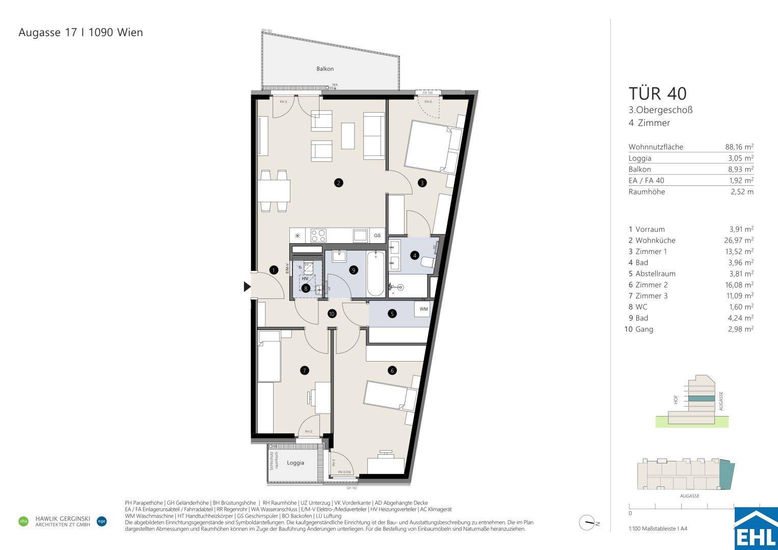 Grundriss einer Wohnung im 3. Obergeschoss mit offener Wohnküche, drei Schlafzimmern, Bad, separatem WC, Balkon und Loggia.