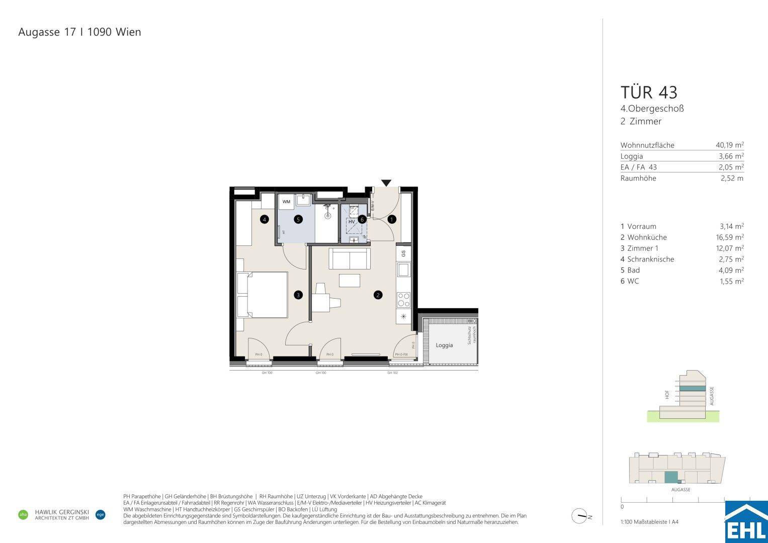 Grundriss einer Wohnung im 4. Obergeschoss mit offener Wohnküche, Schlafzimmer, Bad, separatem WC und Loggia.