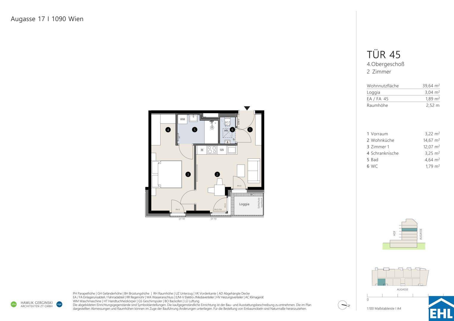 Grundriss einer 2-Zimmer-Wohnung im 4. Obergeschoss mit offener Wohnküche und Loggia.