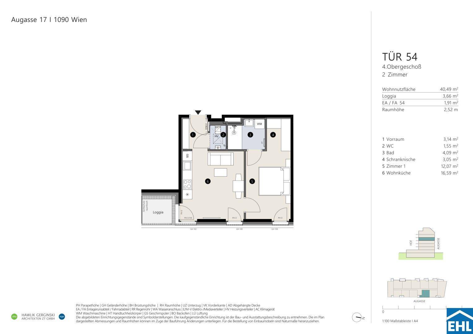 Grundriss einer 2-Zimmer-Wohnung im 4. Obergeschoss mit offener Wohnküche, Schlafzimmer, Bad und Loggia.