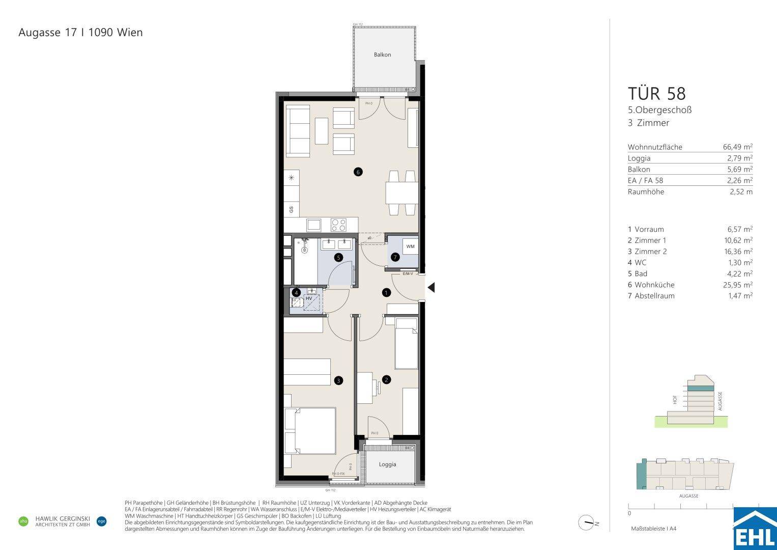 Grundriss einer Wohnung mit offenem Wohnbereich, zwei Schlafzimmern, Bad, separatem WC, Balkon und Loggia.