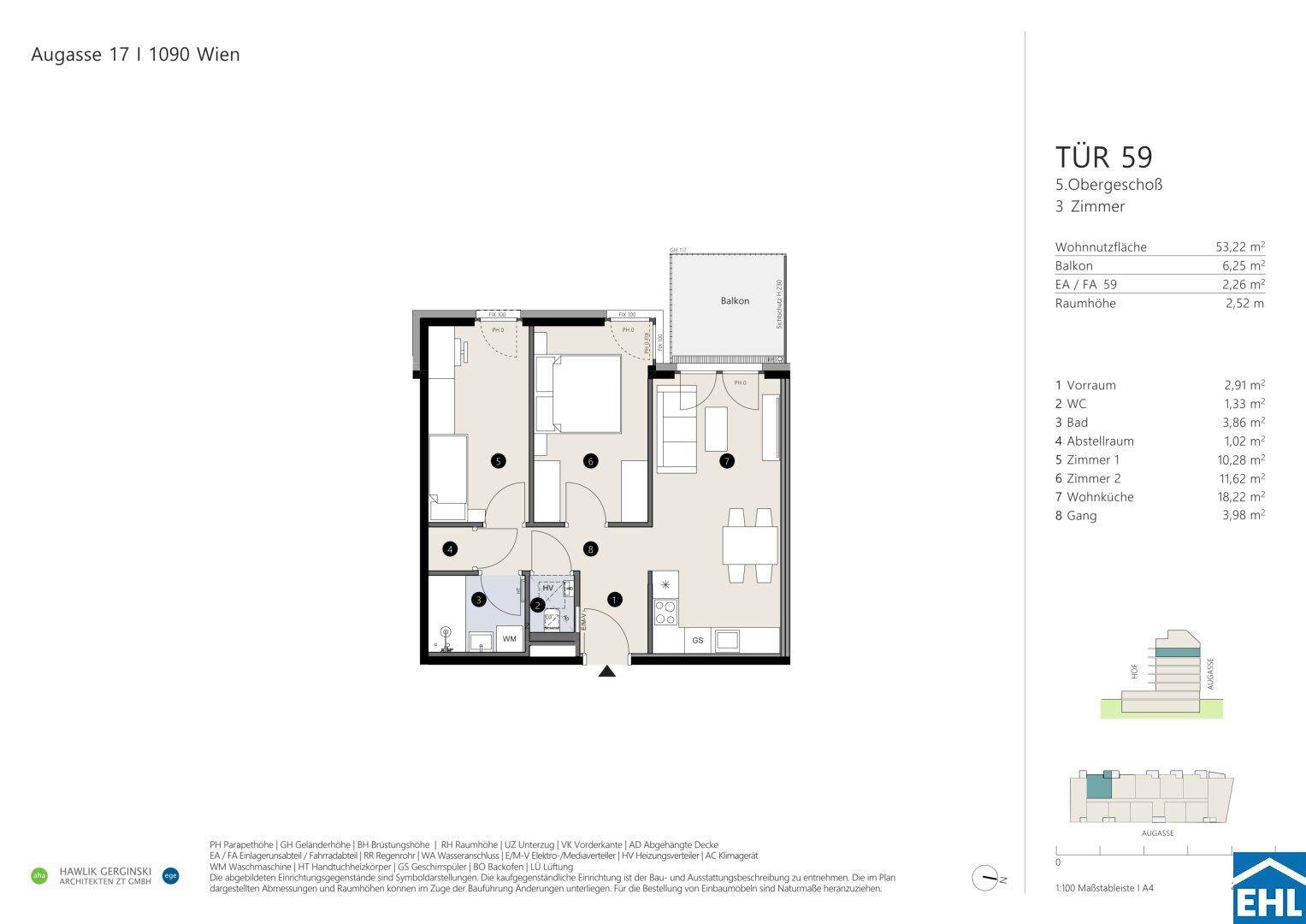 Grundriss einer 3-Zimmer-Wohnung im 5. Obergeschoss mit offenem Wohnbereich, zwei Schlafzimmern und Balkon.