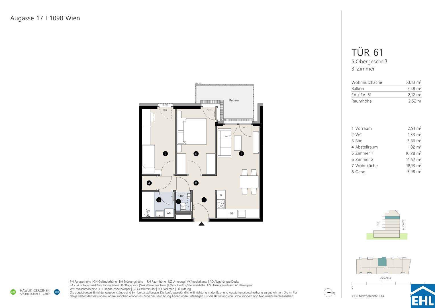 Grundriss einer 3-Zimmer-Wohnung im 5. Obergeschoss mit Balkon und offener Wohnküche.