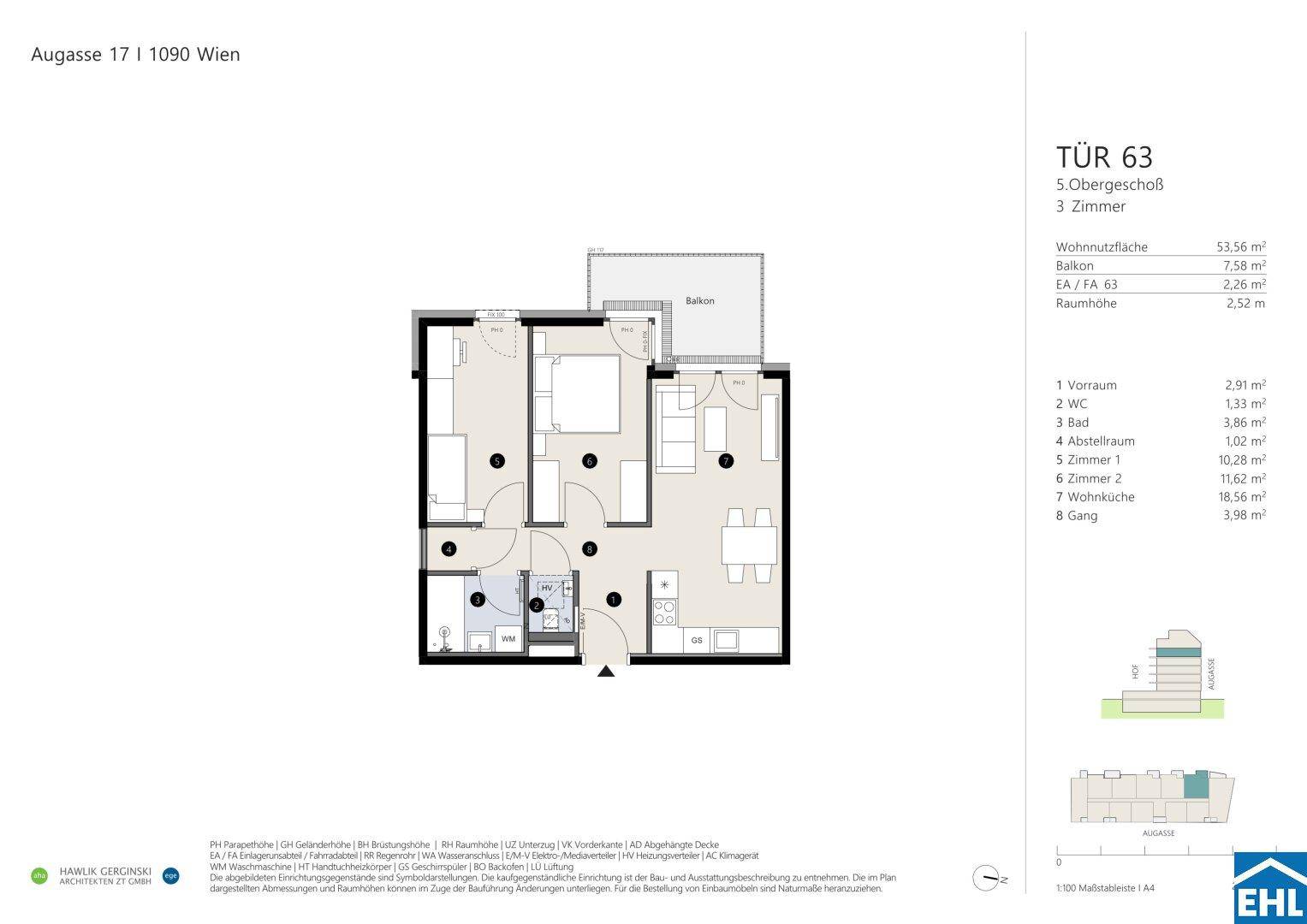 Grundriss einer Wohnung im 5. Obergeschoss mit offenem Wohnbereich, zwei Schlafzimmern und Balkon.
