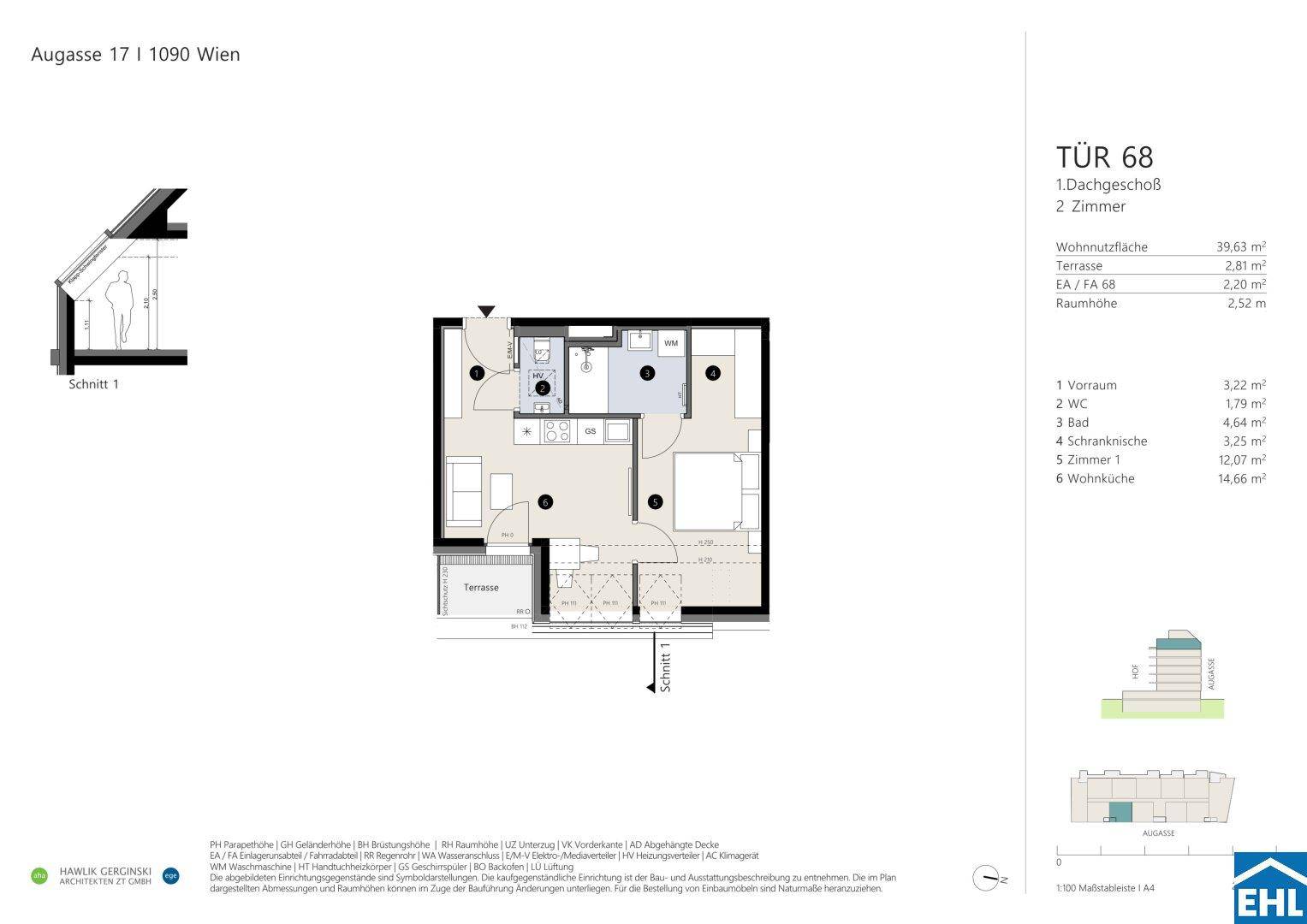Grundriss einer 2-Zimmer-Dachgeschosswohnung mit Wohnküche, Schlafzimmer, Bad und Terrasse.