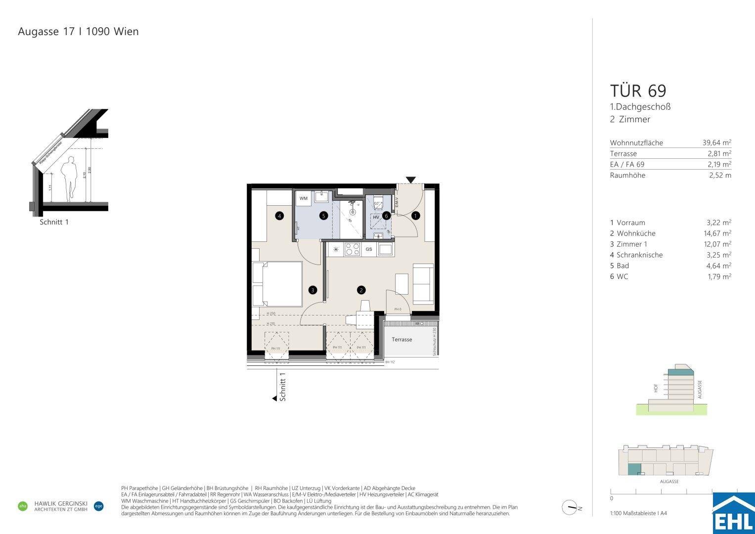 Grundriss einer 2-Zimmer-Dachgeschosswohnung mit offener Wohnküche, Schlafzimmer, Bad, separatem WC und Terrasse.