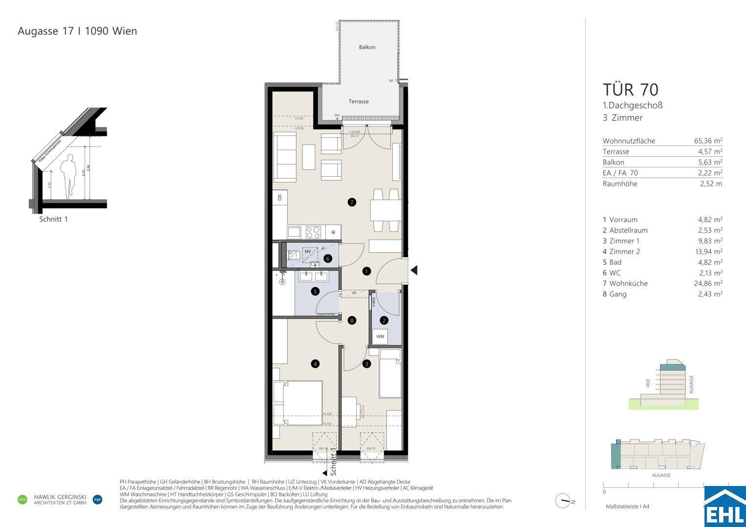 Grundriss einer Dachgeschosswohnung mit offener Wohnküche, zwei Schlafzimmern, Bad, separatem WC, Terrasse und Balkon.